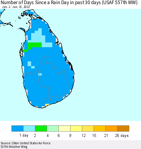 Sri Lanka Number of Days Since a Rain Day in past 30 days (USAF 557th WW) Thematic Map For 1/26/2022 - 1/31/2022
