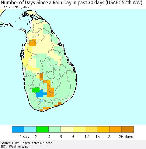 Sri Lanka Number of Days Since a Rain Day in past 30 days (USAF 557th WW) Thematic Map For 2/1/2022 - 2/5/2022