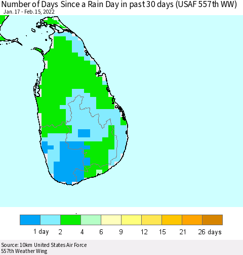 Sri Lanka Number of Days Since a Rain Day in past 30 days (USAF 557th WW) Thematic Map For 2/11/2022 - 2/15/2022