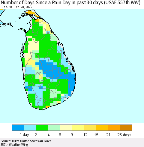 Sri Lanka Number of Days Since a Rain Day in past 30 days (USAF 557th WW) Thematic Map For 2/26/2022 - 2/28/2022