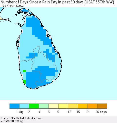 Sri Lanka Number of Days Since a Rain Day in past 30 days (USAF 557th WW) Thematic Map For 3/1/2022 - 3/5/2022