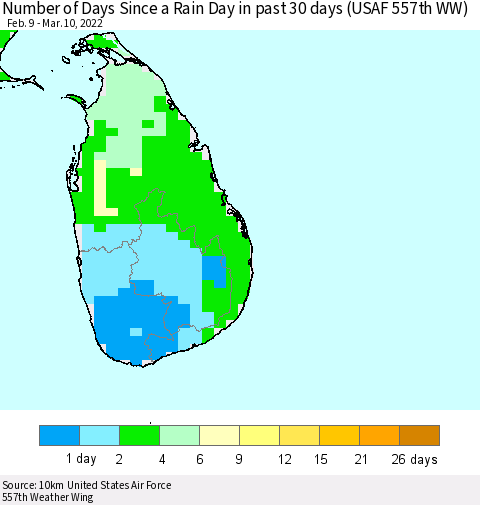 Sri Lanka Number of Days Since a Rain Day in past 30 days (USAF 557th WW) Thematic Map For 3/6/2022 - 3/10/2022