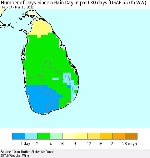 Sri Lanka Number of Days Since a Rain Day in past 30 days (USAF 557th WW) Thematic Map For 3/11/2022 - 3/15/2022