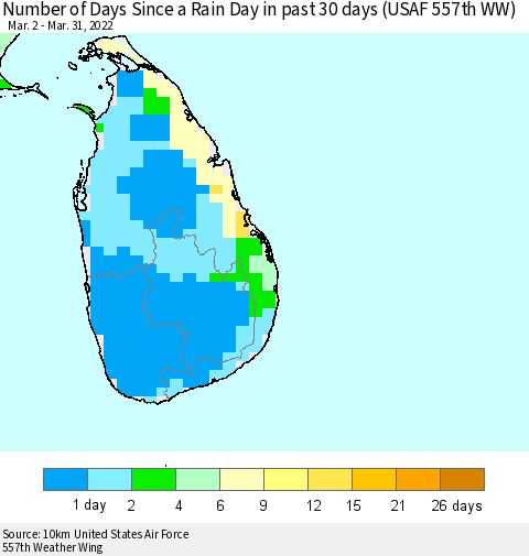 Sri Lanka Number of Days Since a Rain Day in past 30 days (USAF 557th WW) Thematic Map For 3/26/2022 - 3/31/2022