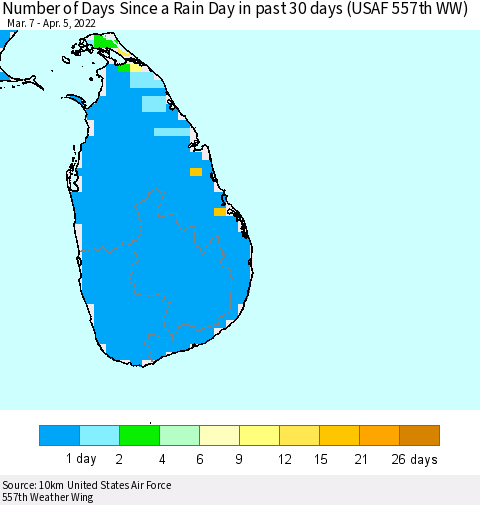 Sri Lanka Number of Days Since a Rain Day in past 30 days (USAF 557th WW) Thematic Map For 4/1/2022 - 4/5/2022
