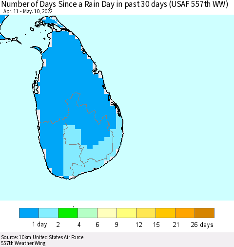 Sri Lanka Number of Days Since a Rain Day in past 30 days (USAF 557th WW) Thematic Map For 5/6/2022 - 5/10/2022