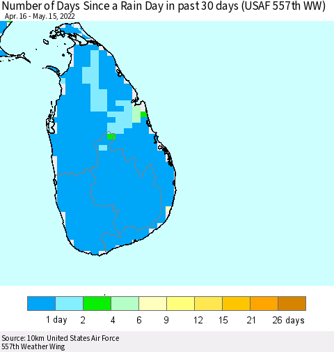 Sri Lanka Number of Days Since a Rain Day in past 30 days (USAF 557th WW) Thematic Map For 5/11/2022 - 5/15/2022