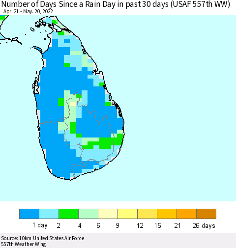 Sri Lanka Number of Days Since a Rain Day in past 30 days (USAF 557th WW) Thematic Map For 5/16/2022 - 5/20/2022
