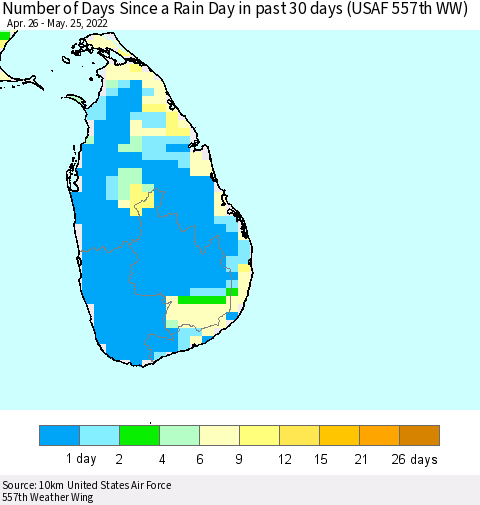 Sri Lanka Number of Days Since a Rain Day in past 30 days (USAF 557th WW) Thematic Map For 5/21/2022 - 5/25/2022