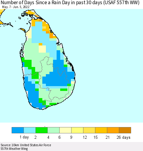 Sri Lanka Number of Days Since a Rain Day in past 30 days (USAF 557th WW) Thematic Map For 6/1/2022 - 6/5/2022