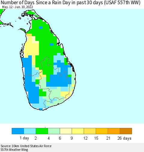 Sri Lanka Number of Days Since a Rain Day in past 30 days (USAF 557th WW) Thematic Map For 6/6/2022 - 6/10/2022