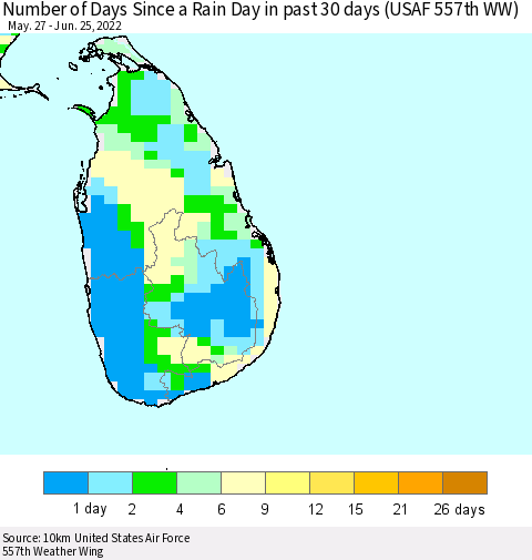 Sri Lanka Number of Days Since a Rain Day in past 30 days (USAF 557th WW) Thematic Map For 6/21/2022 - 6/25/2022