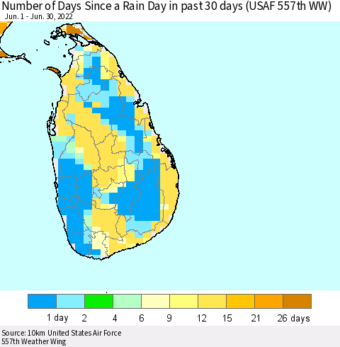 Sri Lanka Number of Days Since a Rain Day in past 30 days (USAF 557th WW) Thematic Map For 6/26/2022 - 6/30/2022