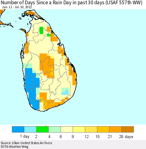 Sri Lanka Number of Days Since a Rain Day in past 30 days (USAF 557th WW) Thematic Map For 7/6/2022 - 7/10/2022