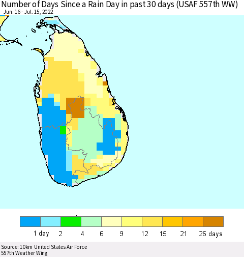 Sri Lanka Number of Days Since a Rain Day in past 30 days (USAF 557th WW) Thematic Map For 7/11/2022 - 7/15/2022