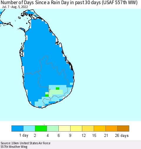 Sri Lanka Number of Days Since a Rain Day in past 30 days (USAF 557th WW) Thematic Map For 8/1/2022 - 8/5/2022