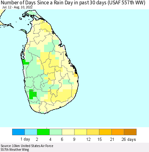 Sri Lanka Number of Days Since a Rain Day in past 30 days (USAF 557th WW) Thematic Map For 8/6/2022 - 8/10/2022