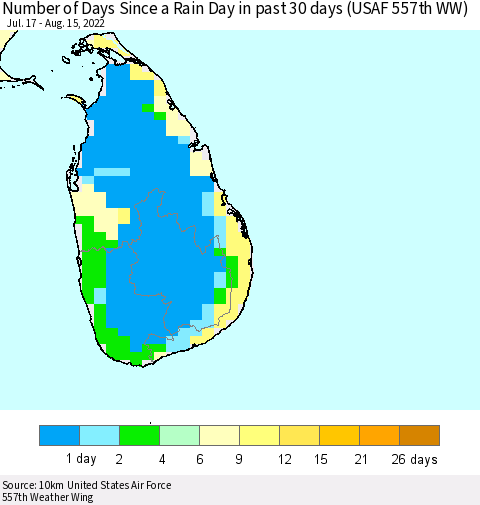 Sri Lanka Number of Days Since a Rain Day in past 30 days (USAF 557th WW) Thematic Map For 8/11/2022 - 8/15/2022