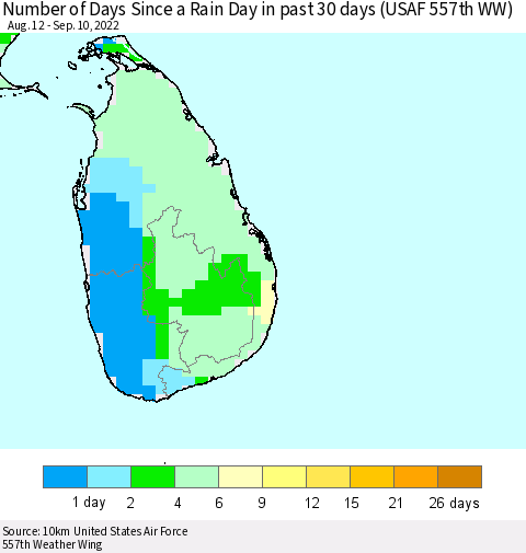Sri Lanka Number of Days Since a Rain Day in past 30 days (USAF 557th WW) Thematic Map For 9/6/2022 - 9/10/2022
