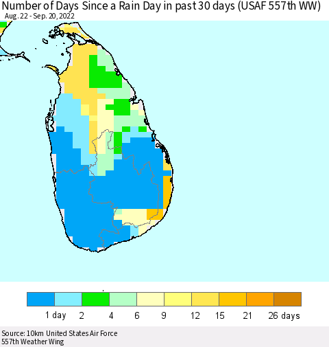 Sri Lanka Number of Days Since a Rain Day in past 30 days (USAF 557th WW) Thematic Map For 9/16/2022 - 9/20/2022