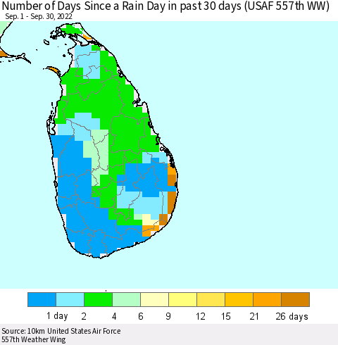 Sri Lanka Number of Days Since a Rain Day in past 30 days (USAF 557th WW) Thematic Map For 9/26/2022 - 9/30/2022