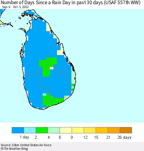 Sri Lanka Number of Days Since a Rain Day in past 30 days (USAF 557th WW) Thematic Map For 10/1/2022 - 10/5/2022