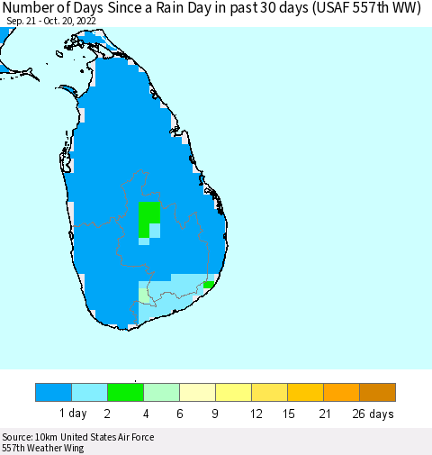 Sri Lanka Number of Days Since a Rain Day in past 30 days (USAF 557th WW) Thematic Map For 10/16/2022 - 10/20/2022
