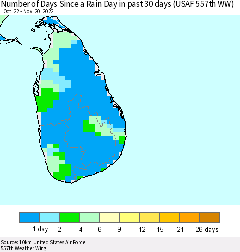 Sri Lanka Number of Days Since a Rain Day in past 30 days (USAF 557th WW) Thematic Map For 11/16/2022 - 11/20/2022