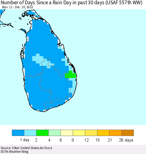 Sri Lanka Number of Days Since a Rain Day in past 30 days (USAF 557th WW) Thematic Map For 12/6/2022 - 12/10/2022