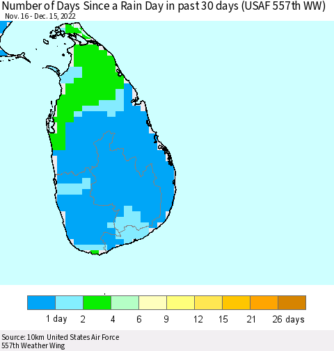 Sri Lanka Number of Days Since a Rain Day in past 30 days (USAF 557th WW) Thematic Map For 12/11/2022 - 12/15/2022