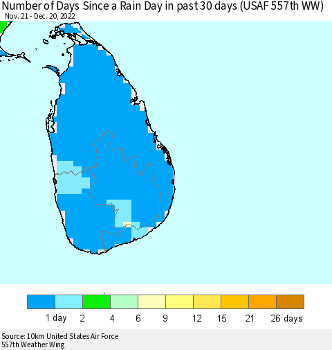 Sri Lanka Number of Days Since a Rain Day in past 30 days (USAF 557th WW) Thematic Map For 12/16/2022 - 12/20/2022