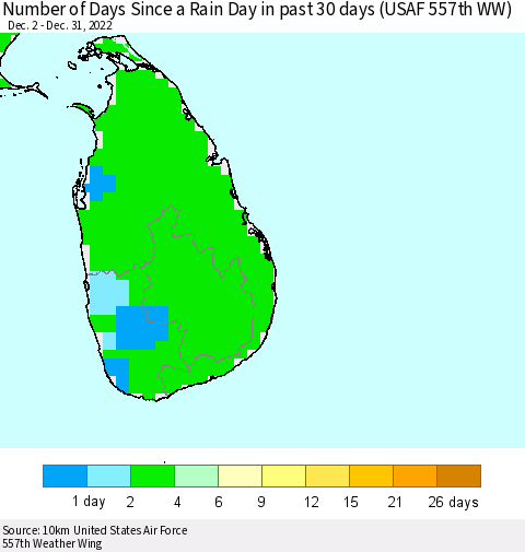 Sri Lanka Number of Days Since a Rain Day in past 30 days (USAF 557th WW) Thematic Map For 12/26/2022 - 12/31/2022