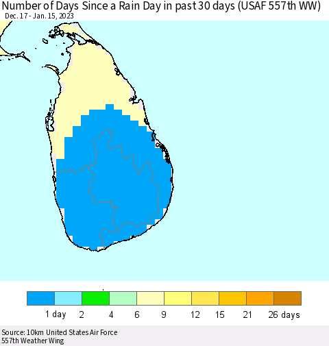 Sri Lanka Number of Days Since a Rain Day in past 30 days (USAF 557th WW) Thematic Map For 1/11/2023 - 1/15/2023