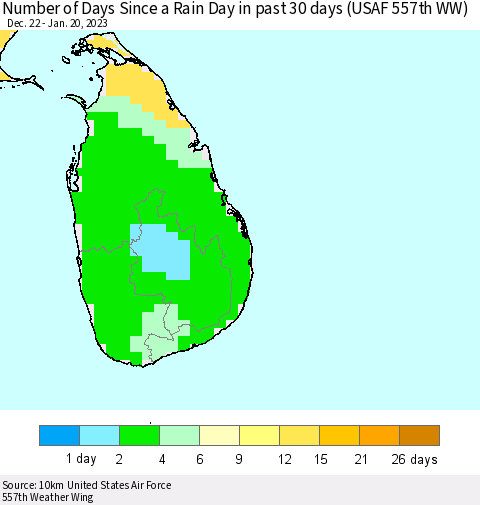 Sri Lanka Number of Days Since a Rain Day in past 30 days (USAF 557th WW) Thematic Map For 1/16/2023 - 1/20/2023