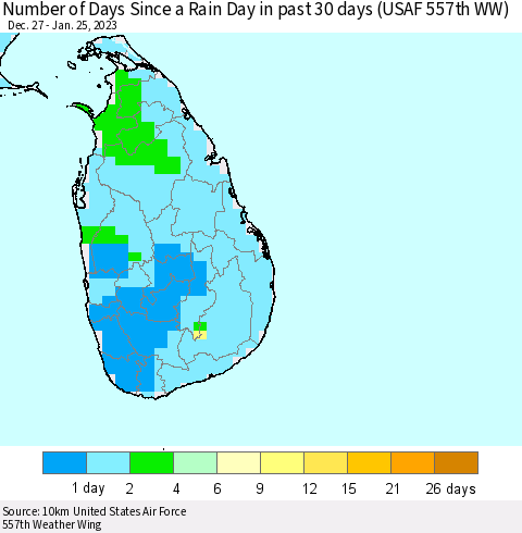 Sri Lanka Number of Days Since a Rain Day in past 30 days (USAF 557th WW) Thematic Map For 1/21/2023 - 1/25/2023