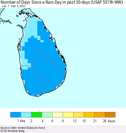 Sri Lanka Number of Days Since a Rain Day in past 30 days (USAF 557th WW) Thematic Map For 2/1/2023 - 2/5/2023