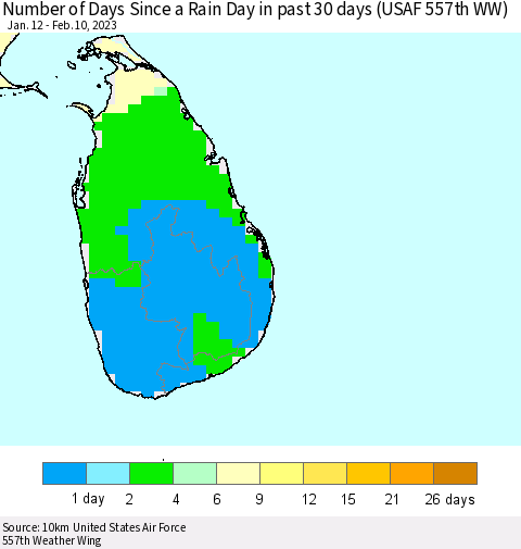Sri Lanka Number of Days Since a Rain Day in past 30 days (USAF 557th WW) Thematic Map For 2/6/2023 - 2/10/2023
