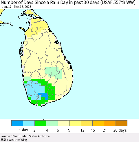 Sri Lanka Number of Days Since a Rain Day in past 30 days (USAF 557th WW) Thematic Map For 2/11/2023 - 2/15/2023