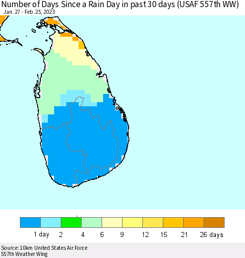 Sri Lanka Number of Days Since a Rain Day in past 30 days (USAF 557th WW) Thematic Map For 2/21/2023 - 2/25/2023