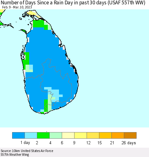 Sri Lanka Number of Days Since a Rain Day in past 30 days (USAF 557th WW) Thematic Map For 3/6/2023 - 3/10/2023