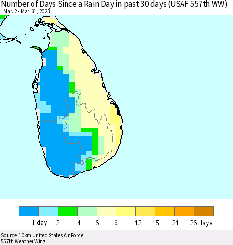 Sri Lanka Number of Days Since a Rain Day in past 30 days (USAF 557th WW) Thematic Map For 3/26/2023 - 3/31/2023