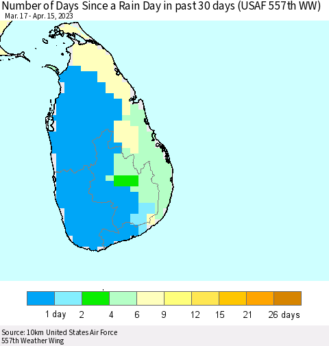 Sri Lanka Number of Days Since a Rain Day in past 30 days (USAF 557th WW) Thematic Map For 4/11/2023 - 4/15/2023