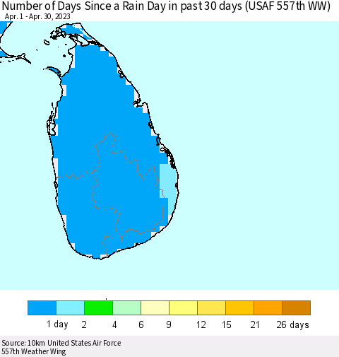 Sri Lanka Number of Days Since a Rain Day in past 30 days (USAF 557th WW) Thematic Map For 4/26/2023 - 4/30/2023