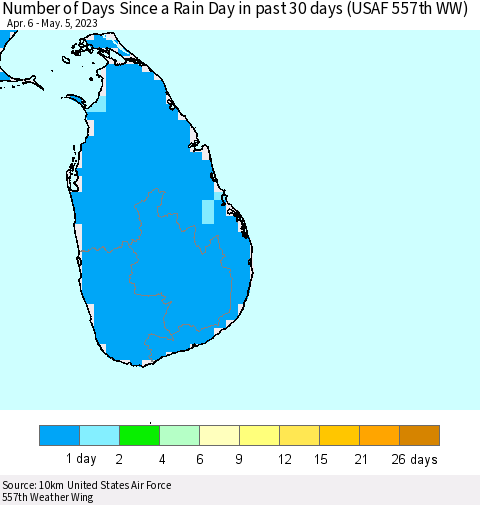 Sri Lanka Number of Days Since a Rain Day in past 30 days (USAF 557th WW) Thematic Map For 5/1/2023 - 5/5/2023