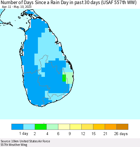 Sri Lanka Number of Days Since a Rain Day in past 30 days (USAF 557th WW) Thematic Map For 5/6/2023 - 5/10/2023