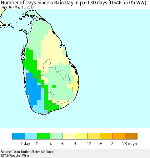 Sri Lanka Number of Days Since a Rain Day in past 30 days (USAF 557th WW) Thematic Map For 5/11/2023 - 5/15/2023