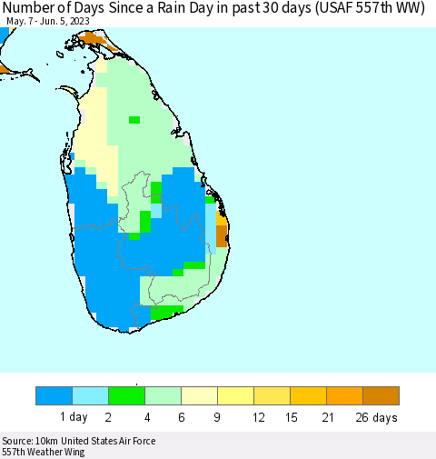 Sri Lanka Number of Days Since a Rain Day in past 30 days (USAF 557th WW) Thematic Map For 6/1/2023 - 6/5/2023