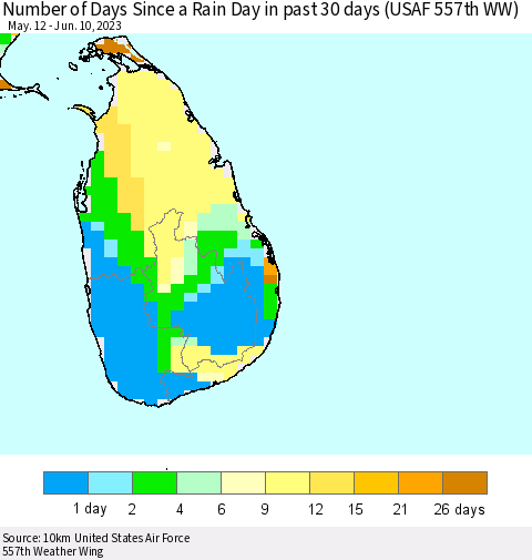 Sri Lanka Number of Days Since a Rain Day in past 30 days (USAF 557th WW) Thematic Map For 6/6/2023 - 6/10/2023