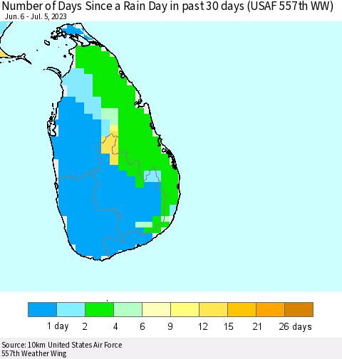 Sri Lanka Number of Days Since a Rain Day in past 30 days (USAF 557th WW) Thematic Map For 7/1/2023 - 7/5/2023