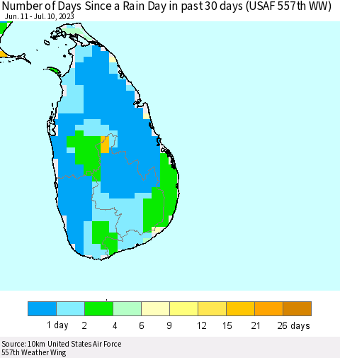 Sri Lanka Number of Days Since a Rain Day in past 30 days (USAF 557th WW) Thematic Map For 7/6/2023 - 7/10/2023
